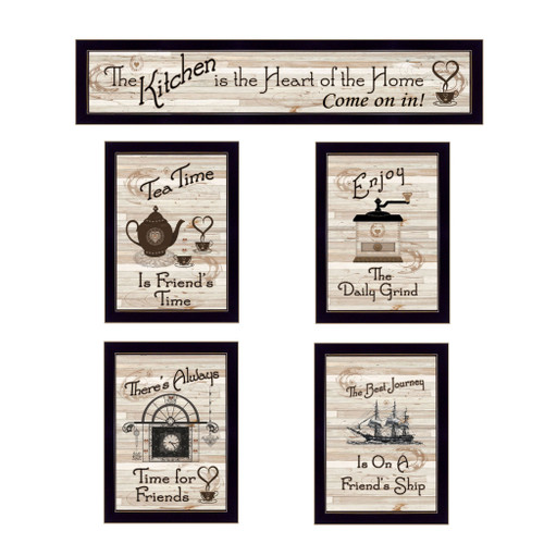 Homeroots Home Decor Set Of Five Kitchen Friendship Collection II 3 Black Framed Print Kitchen Wall Art, Black, Framed
