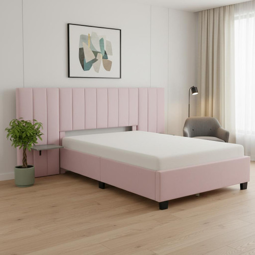 Pink Tufted Velvet Upholstered Lighted Full Bed Frame