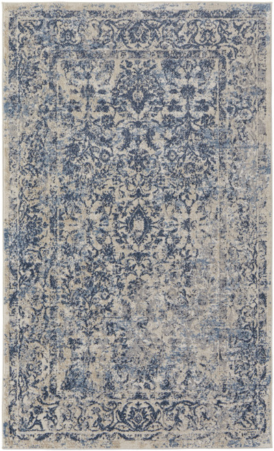 5' X 8' Blue And Ivory Floral Power Loom Distressed Area Rug