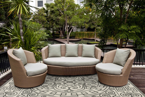 8'x10' Ivory Grey Hand Woven UV Treated Greek Key Medallion Indoor Outdoor Area Rug