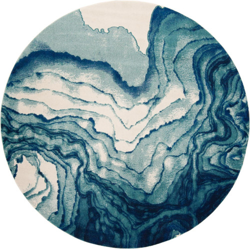 8' Blue Ivory And Green Round Stain Resistant Area Rug