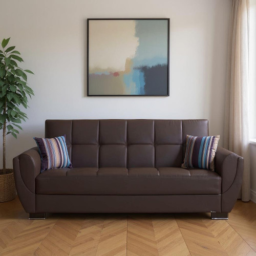 93" Brown Faux Leather Convertible Futon Sleeper Sofa And Toss Pillows With Storage