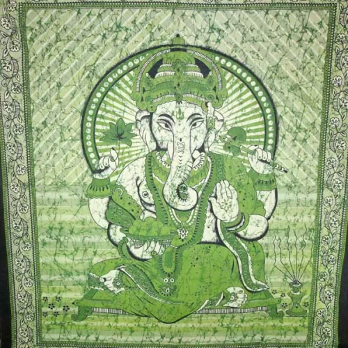 Ganesha Holding Lotus Flower In Batik Style Tie Dye Tapestry