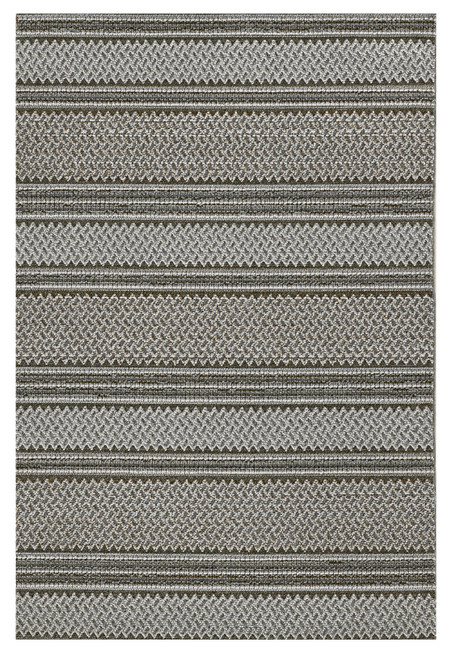 7'X9' Grey Machine Woven Uv Treated Awning Stripes Indoor Outdoor Area Rug