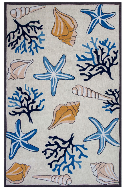 3'x5' Ivory Hand Hooked Sea Corals And Shells Indoor Area Rug