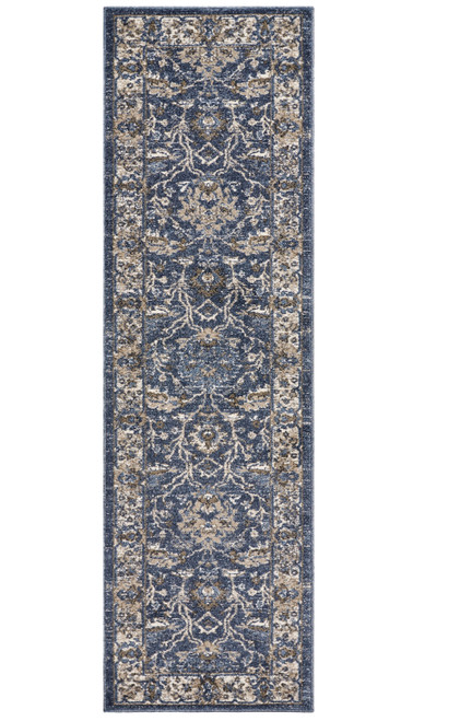 8' Denim Blue Machine Woven Bordered Floral Vines Indoor Runner Rug