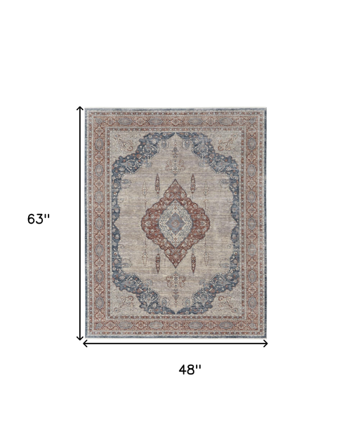 4' X 6' Gray Red And Blue Floral Area Rug