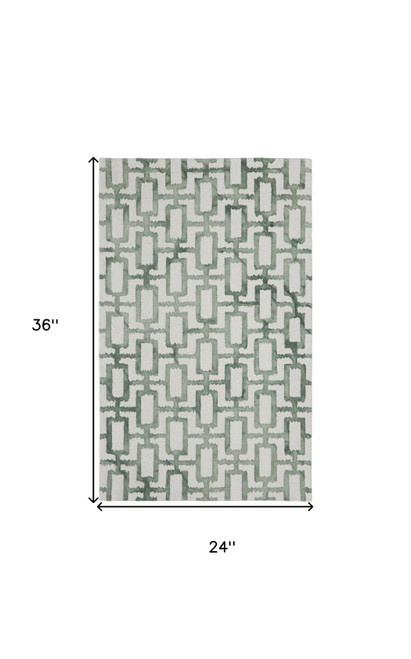 2' X 3' Ivory And Green Wool Geometric Tufted Handmade Area Rug
