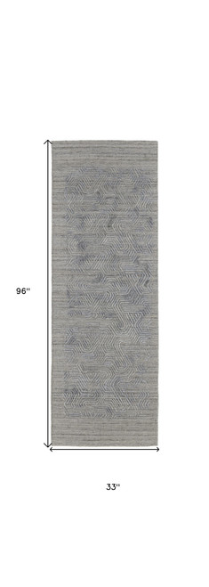 8' Gray and Blue Abstract Hand Woven Runner Rug