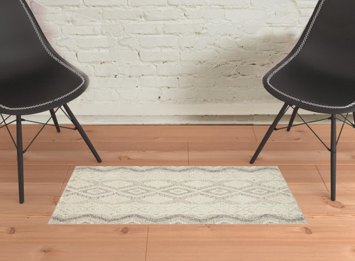 2' X 3' Ivory Taupe And Gray Wool Geometric Tufted Handmade Stain Resistant Area Rug