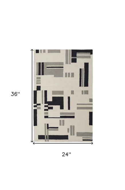2' X 3' Ivory Black And Gray Wool Abstract Hand Tufted Area Rug