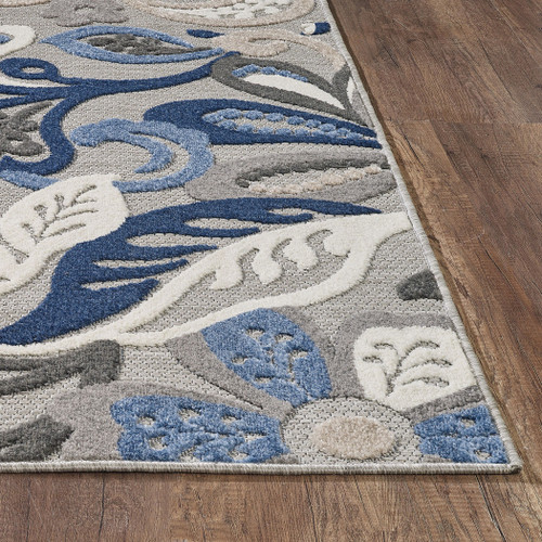 8™ Round Blue Gray Jacobean Floral Indoor Outdoor Area Rug
