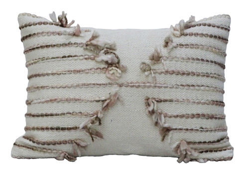 14" X 20" Tan And White Zippered Cotton Blend Geometric Throw Pillow With Pom-poms