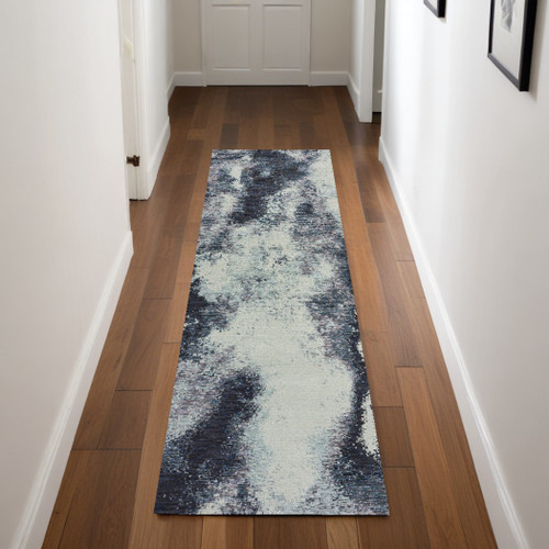 8' Runner Blue and Ivory Abstract Power Loom Runner Rug