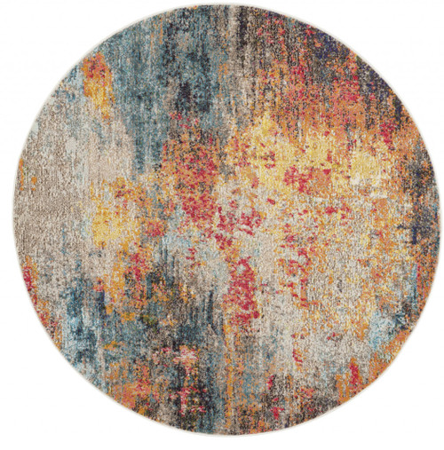 5' Blue And Ivory Abstract Round Rug