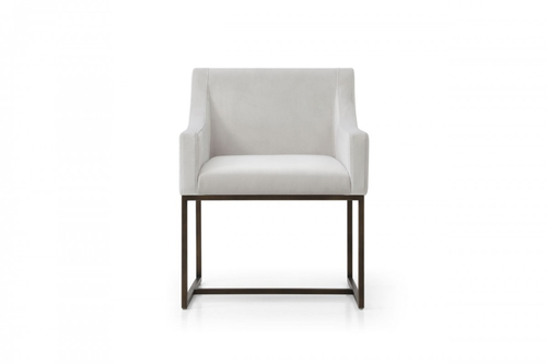 Beige and Antiqued Brass Upholstered Fabric Dining Arm Chair