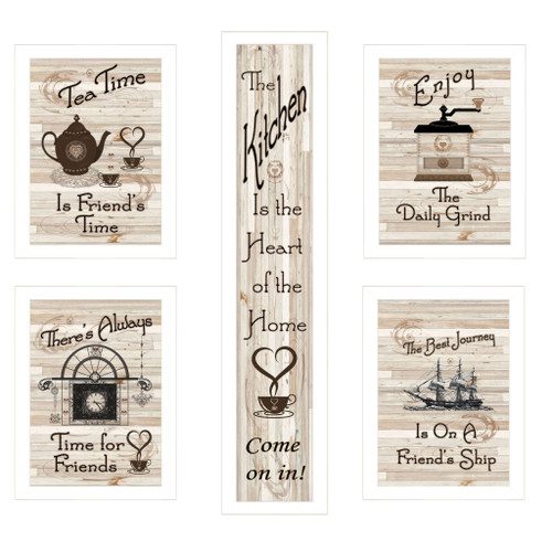 Homeroots Home Decor Set Of Five Kitchen Friendship 4 White Framed Print Kitchen Wall Art, White, Set of Five