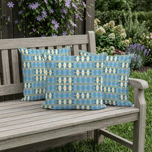 Set of Three Blue Abstract Indoor Outdoor Throw Pillow