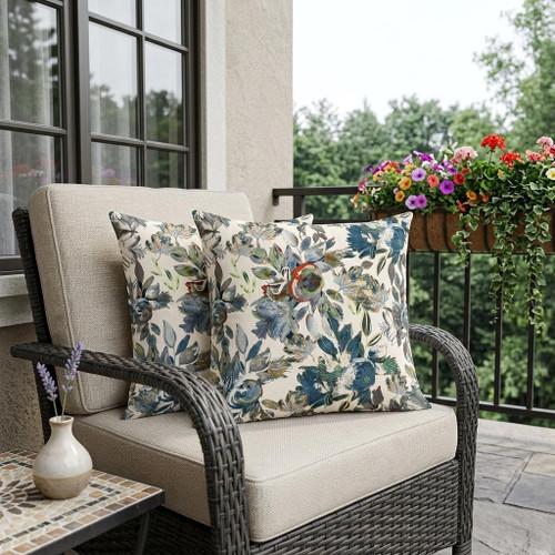 Set of Two Green And Gray Floral Indoor Outdoor Throw Pillow