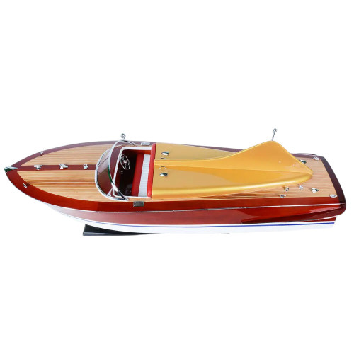 10" Brown Solid Wood Hand Painted Model Boat Tabletop Sculpture