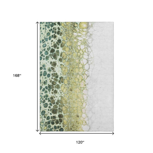 10' X 14' Olive Green Gold And Ivory Abstract Washable Area Rug With UV Protection