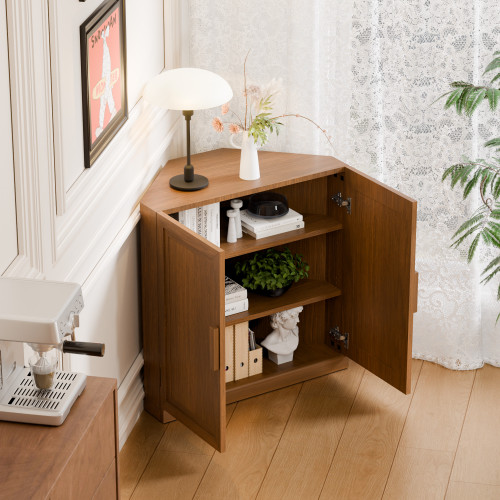 31" Brown Wood Corner Corner Accent Cabinet With Two Doors