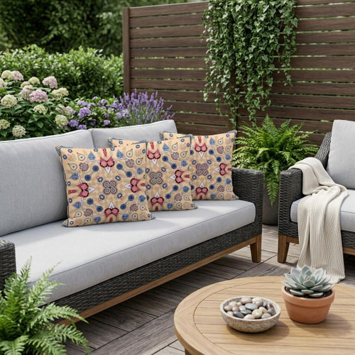 Set of Three Beige Indigo And Red Botanical Indoor Outdoor Throw Pillow