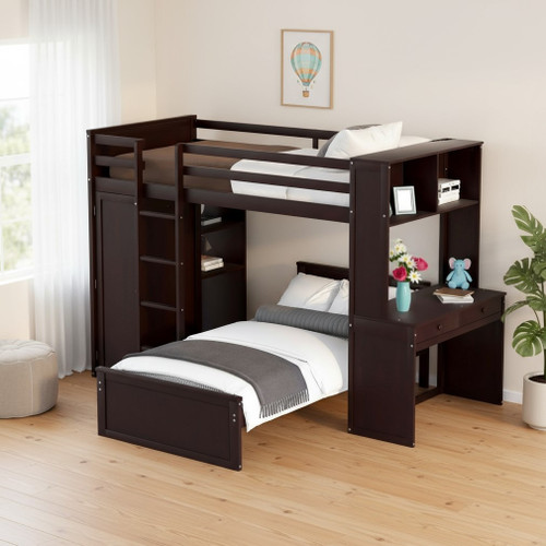 Espresso Slat Solid Wood Twin Loft Bed with Desk and Shelves