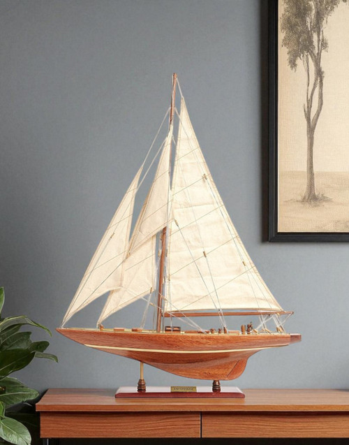 32" Brown Solid Wood Hand Painted Boat