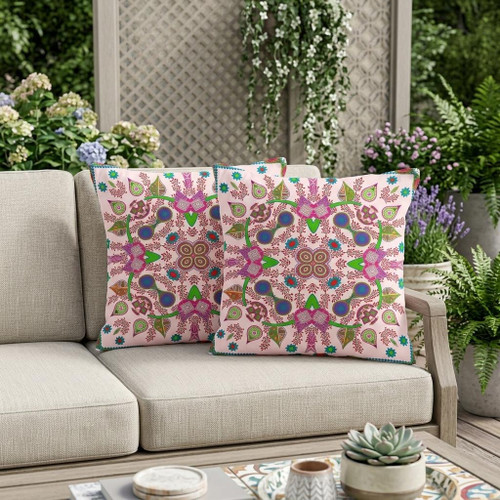 Set of Two Light Pink Purple And Green Paisley Indoor Outdoor Throw Pillow