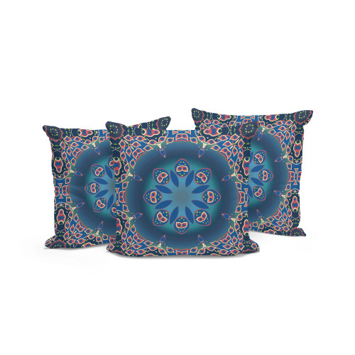 Set of Three Blue And Pink Geometric Indoor Outdoor Throw Pillow