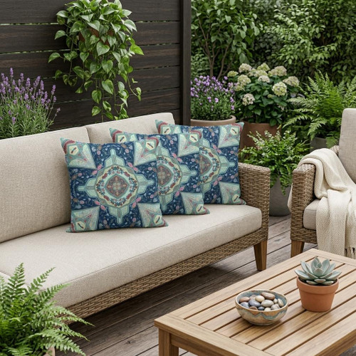 Set of Three Indigo And Aqua Floral Indoor Outdoor Throw Pillow