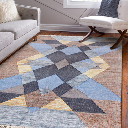 9' X 12' Tan And Blue Jute Geometric Hand Woven Area Rug