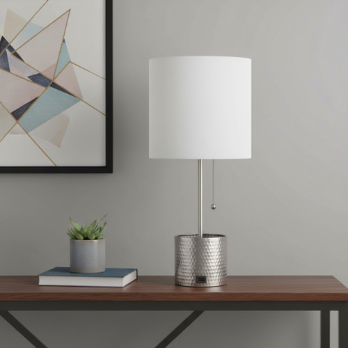 19" Nickel Metal USB Table Lamp With White Drum Shade