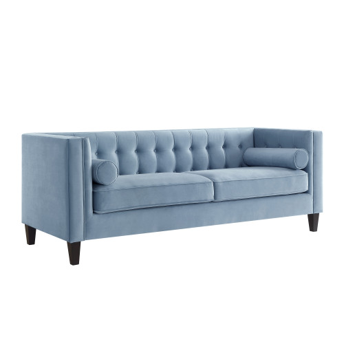 83" Slate Blue Velvet Wood Sofa With Toss Pillows