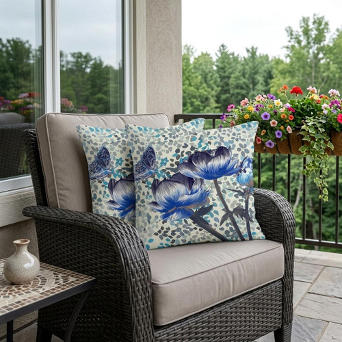 Set of Two Indigo Blue And Dark Green Floral Indoor Outdoor Throw Pillow