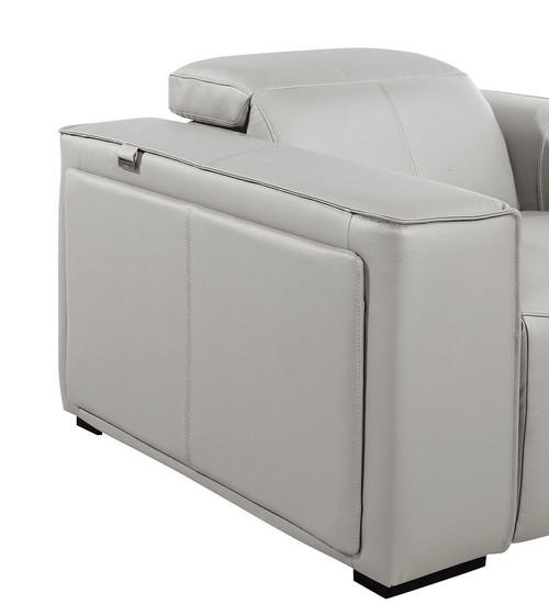 170" Light Gray Top Grain Leather Reclining Metal USB Sofa