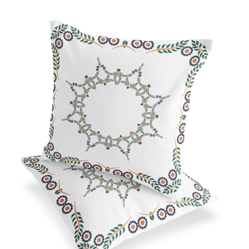 Set of Two White Green And Orange Floral Indoor Outdoor Throw Pillow