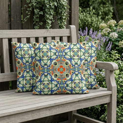 Set of Three Blue Cream And Orange Floral Indoor Outdoor Throw Pillow