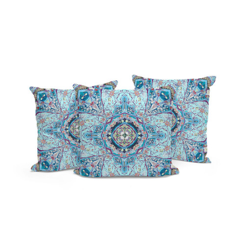 Set of Three Light Blue Navy Blue And Cream Floral Indoor Outdoor Throw Pillow