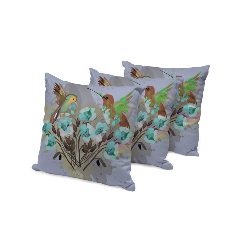 Set of Three Green Brown And Gray Bird Indoor Outdoor Throw Pillow