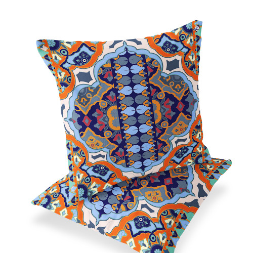Set of Two Orange White And Blue Floral Indoor Outdoor Throw Pillow