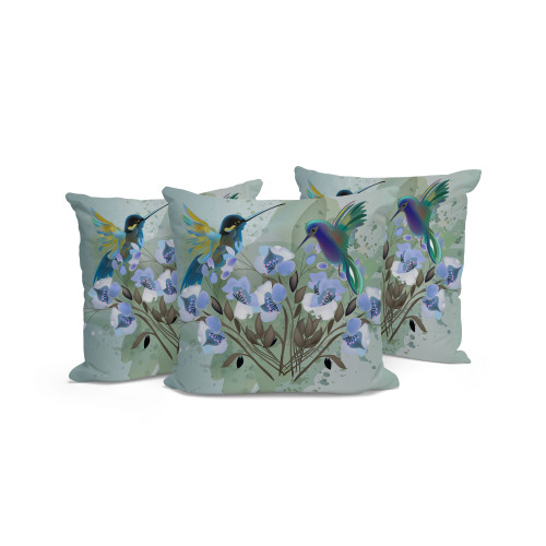 Set of Three Green Bird Indoor Outdoor Throw Pillow