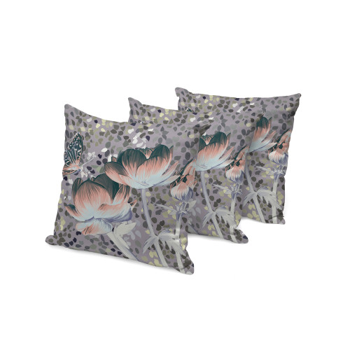 Set of Three Pink Dark Green And Gray Floral Indoor Outdoor Throw Pillow