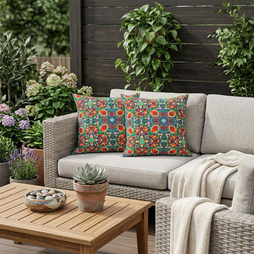 Set of Two Orange And Green Floral Indoor Outdoor Throw Pillow