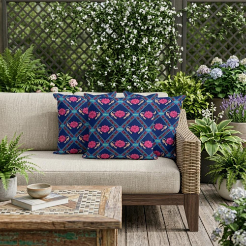 Set of Three Indigo And Pink Floral Indoor Outdoor Throw Pillow