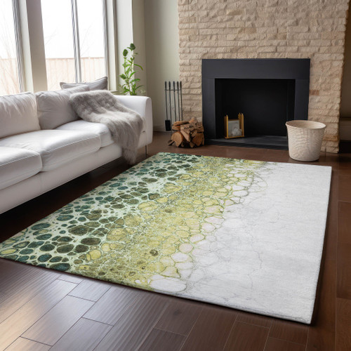 8' X 10' Olive Green Gold And Ivory Abstract Washable Area Rug With UV Protection