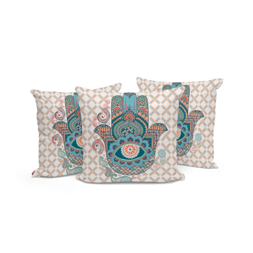Set of Three Blue And Orange Hamsa Indoor Outdoor Throw Pillow