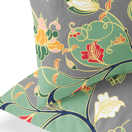 Set of Two Orange Green And Gray Floral Indoor Outdoor Throw Pillow