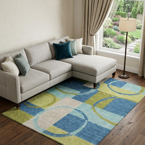 10' X 14' Denim Blue Green And Ivory Geometric Washable Area Rug With UV Protection